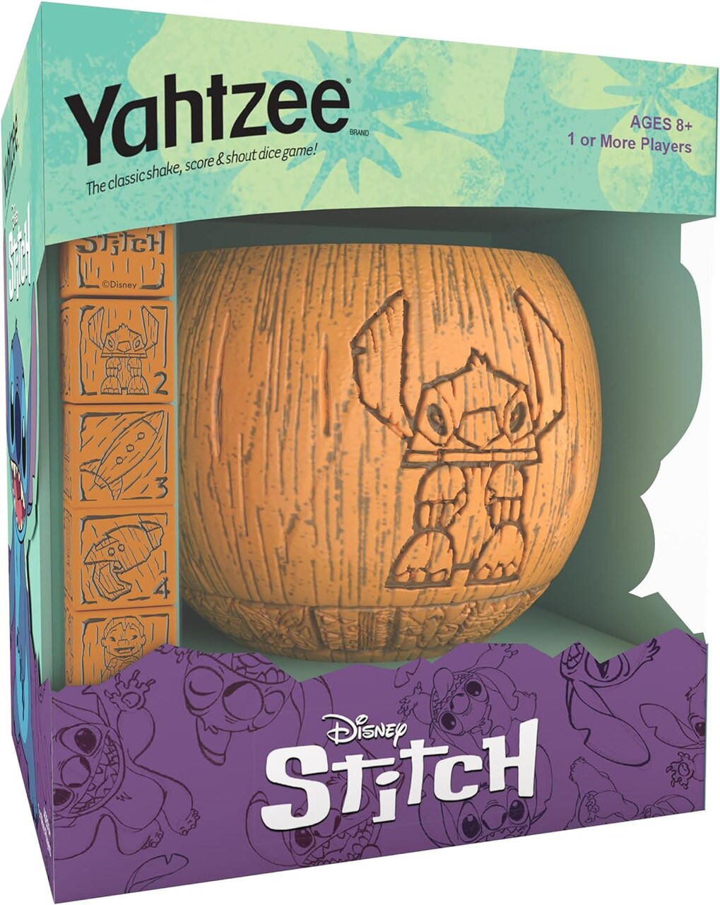 USAOPOLY YAHTZEE: Disney Stitch | Collectible Stitch Tiki Style Dice Cup | Classic Dice Game Based on Disneys Lilo and Stitch | Great for Family Night | Officially Licensed Disney Game and Merchandise